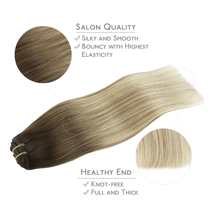 WENNALIFE Clip in Hair Extensions Real Human Hair, 16 Inch 120g 7pcs Ombre Walnut Brown to Ash Brown and Bleach Blonde Clip in Human Hair Remy Clip in Hair Extensions Real Human Hair Double Weft