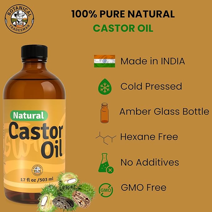 Organic Castor Oil (17 oz) Glass Bottle-100% Pure, Cold-Pressed, Hexane-Free, with 2 Resuable Organic Cotton Flannel Pack Wraps and Mascara Container for Skin, Hair, Eyelash's & Eyebrow's