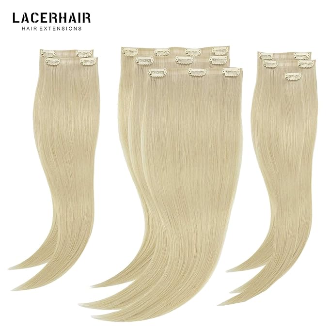 Lacer Clip in Hair Extensions 20 Inch 8Pcs Blonde Clip in Hair Extensions 19 Clips Platinum Blonde PU Weft Seamless Extensions Clip in Human Hair 150 Grams
