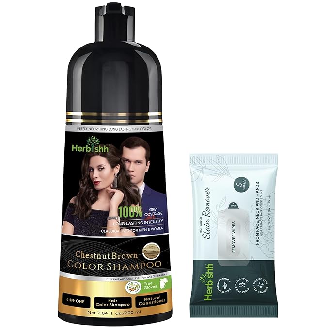 Herbishh Chestnut Brown Hair Dye Shampoo 200ml + Hair Color Stain Remover Wipes – Grey Coverage & Mess-Free Cleanup