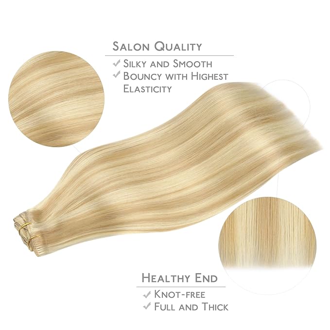 WENNALIFE Clip in Hair Extensions, 150g 22 Inch 9pcs Light Blonde Highlighted Golden Blonde Remy Hair Thicker Double Weft Extensiones De Cabello Humano Con Clip Ins Straight Full Volume