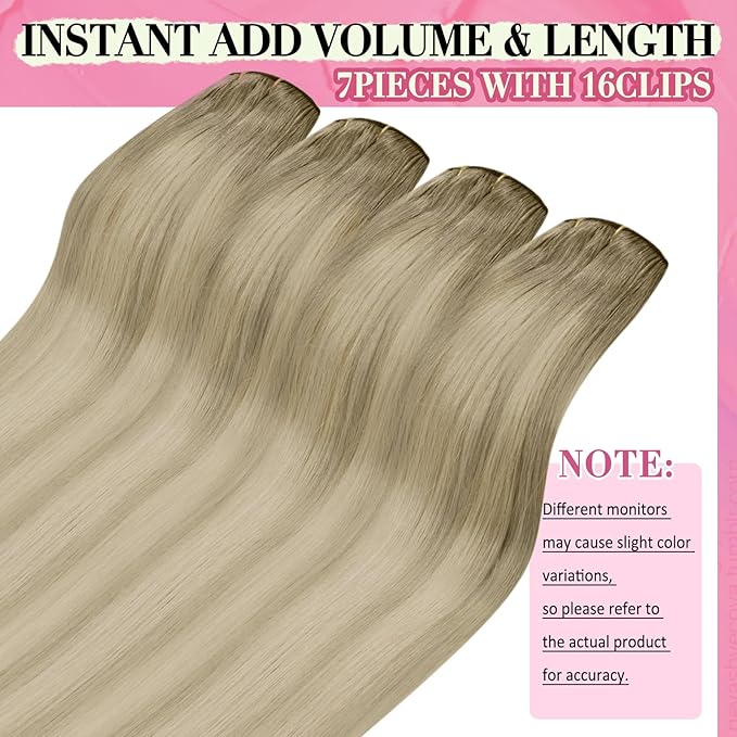 YoungSee 150g Clip in Hair Extensions Real Human Hair Ombre Blonde Clip in Extensions Light Ash Brown to Platinum Blonde Hair Extensions Clips in for Women 20Inch 7Pcs