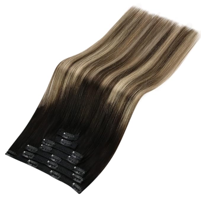 YoungSee 150G Clip in Hair Extensions Real Human Hair Ombre Lace Clip in Hair Extensions Human Hair Black Fading to Brown with Caramel Blonde Human Hair Clip in Extensions for Black Women 7Pcs 20Inch