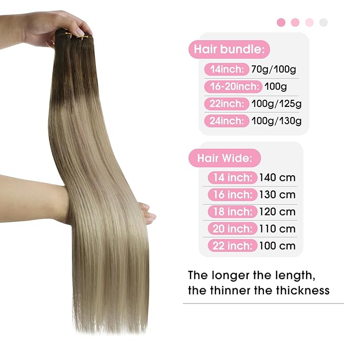 YoungSee 24Inch Weft Hair Extensions Real Human Hair Ombre Blonde Sew in Hair Extensions Dark Brown Base with Medium Ash Blonde and Light Blonde Highlights Hair Extensions Real Human Hair Weft 100G