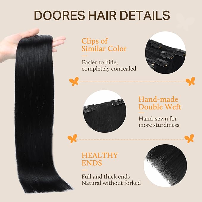 DOORES Human Hair Extensions Clip in, Dark Brown 9pcs 150g 18 Inch, Remy Straight Natural Thick Real Hair