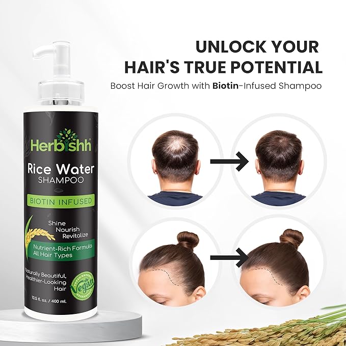 Herbishh Rice Water Hair Growth Shampoo - 400ml with Power of Castor Oil, Argan & Coconut Oil & Biotin | All Hair Type | Hair regrowth for Thinning Hair, Moisturizing & Volumizing | Silicone Free