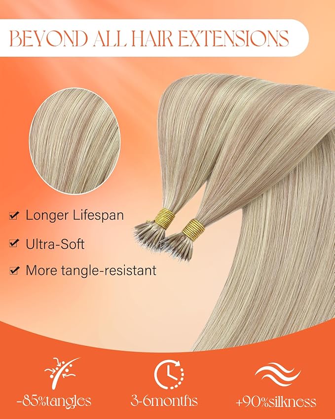 Sunny Hair Nano Bead Hair Extensions Real Human Hair Ash Blonde Highlights Bleach Blonde Nano Tip Hair Extensions Real Human Hair for Women Nano Natural-Looking Hair Extensions 50G