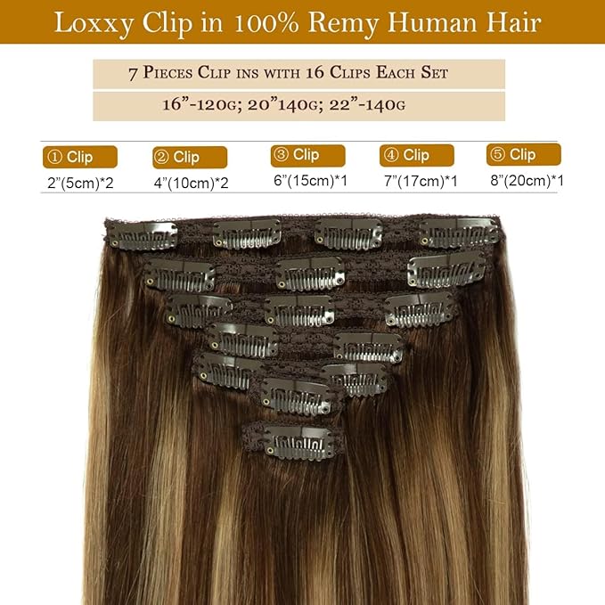 Loxxy New Version Thickened Double Weft Remy Human Hair Chocolate Brown to Caramel Blonde Thick Silky Straight 22 Inch Clip in Human Hair Extensions Clip in Thick Silky Straight Hair 140g