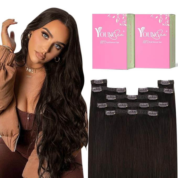 YoungSee Clip in Human Hair Extensions Brown Clip in Extensions Real Human Hair Darkest Brown Human Hair Clip in Extensions Ease to Use 22Inch 7Pcs 120G