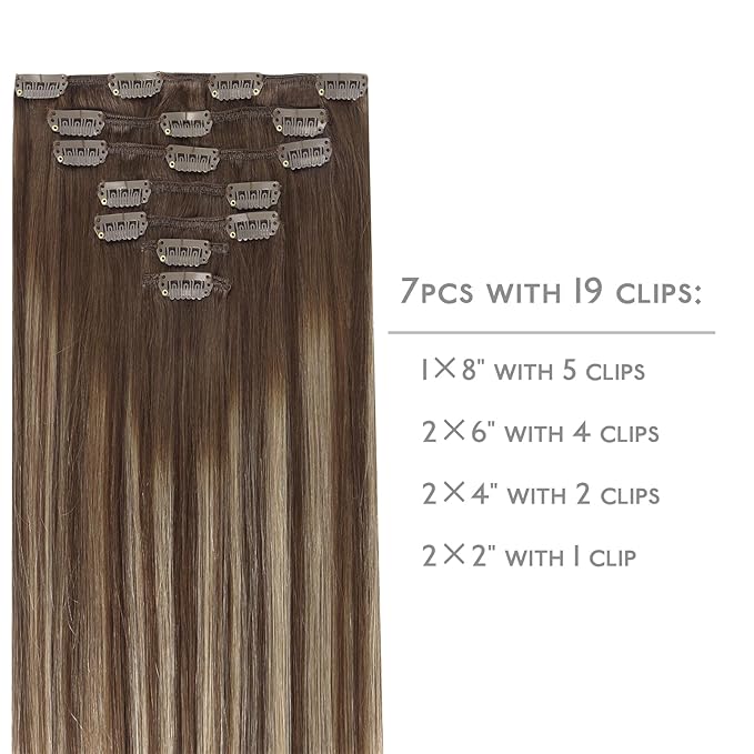 WENNALIFE Clip in Hair Extensions Real Human Hair, 16 Inch 120g 7pcs Balayage Chocolate Brown to Honey Blonde Hair Extensions Clip in Human Hair Remy Clip in Hair Extensions Real Human Hair