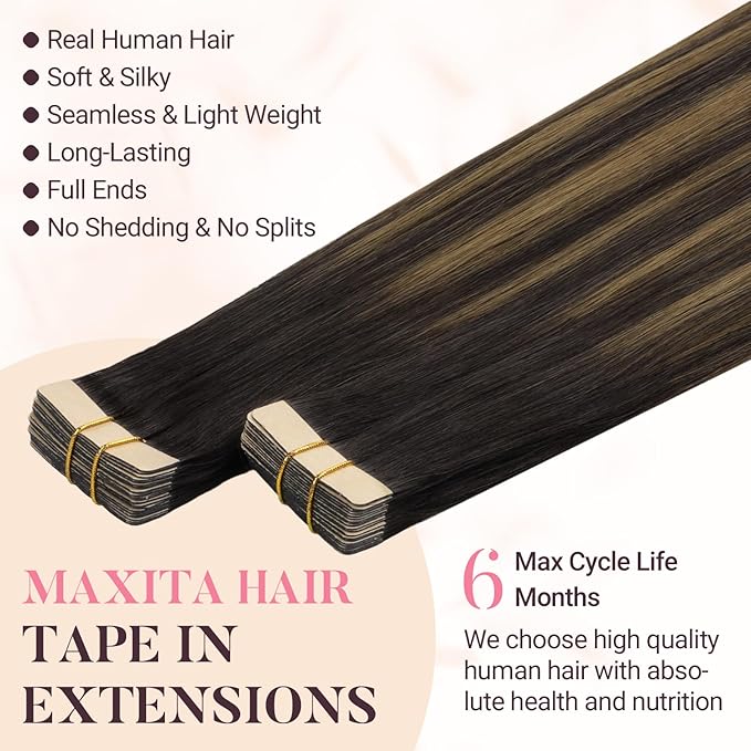 MAXITA Tape in Hair Extensions Human Hair Balayage Dark Brown to Chestnut Brown 14 inch 100g 40pcs Real Human Hair Extensions Natural Hair Extensions Remy Straight Hair