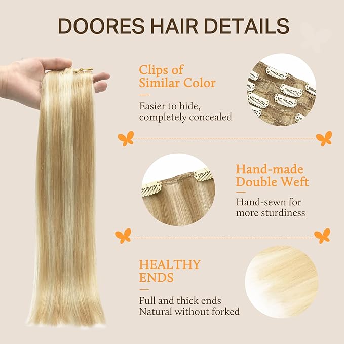 DOORES Clip in Human Hair Extensions, Dark Blonde Highlighted Bleach Blonde 135g 7pcs 16 Inch, Remy Hair Extensions Clip in Straight Natural Weft for Women
