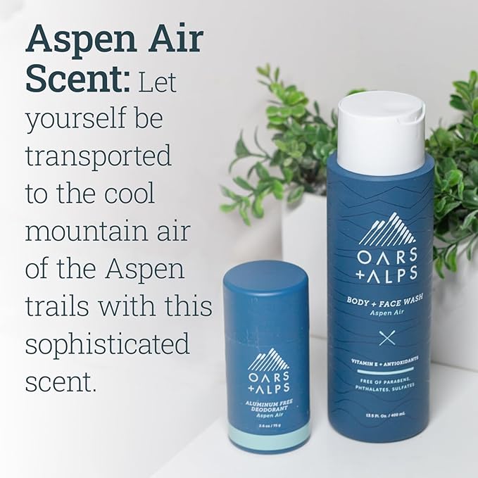 Oars + Alps Mens Moisturizing Body and Face Wash, Skin Care Infused with Vitamin E and Antioxidants, Sulfate Free, Aspen Air, 1 Pack