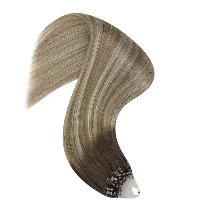 YoungSee Micro Hair Extensions Human Hair Balayage Microlink Hair Extensions Dark Brown Ombre Blonde with Brown Bead Hair Extensions Human Hair Silky Straight for School 18 Inch 1g/s 50g