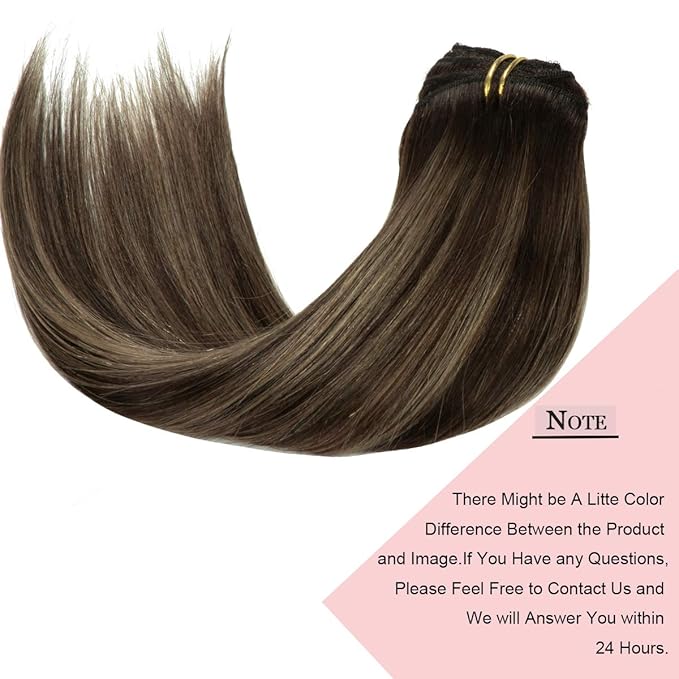 Loxxy 18 Inch 120g Hair Extensions Clip in Double Weft Brazilian Human Hair Thick Silky Straight Clip in Remy Hair Full Head Rooted Dark Brown to Chestnut Brown Highlight Dark Brown Color R#2-2/6