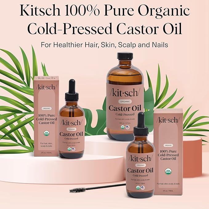 Kitsch Organic Castor Oil for Hair Growth - 100% Pure Castor Oil, Organic Cold Pressed Unrefined Glass Bottle for Face, Skin, Lashes, Brows, Scalp, Nails & Belly Button - Hexane Free, USDA - 16 oz