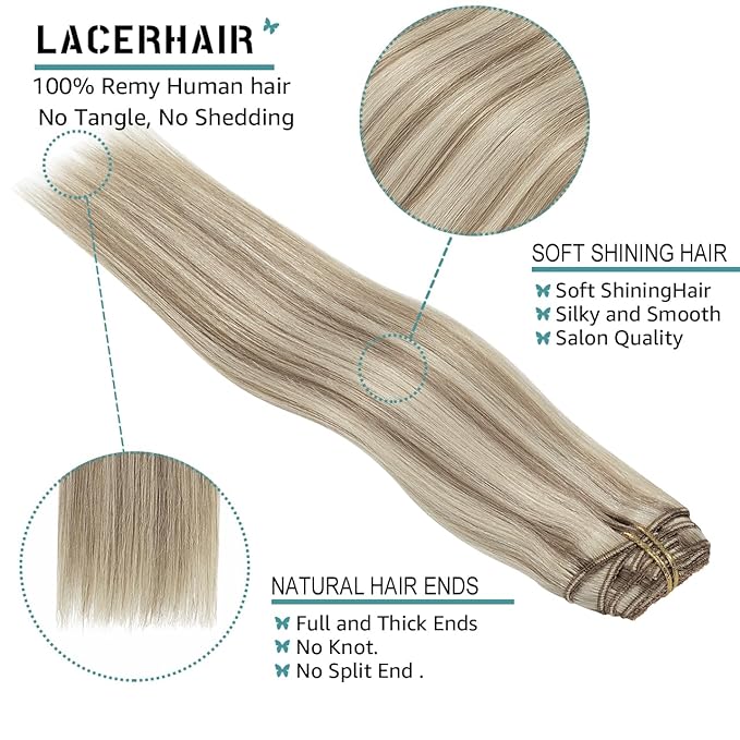 Lacer Clip in Hair Extensions Real Human Hair Golden Blonde Highlight Platinum Blonde Highlight Remy Human Hair Extensions Clip ins for Women 22 Inch 140g 7Pcs Natural Human Hair