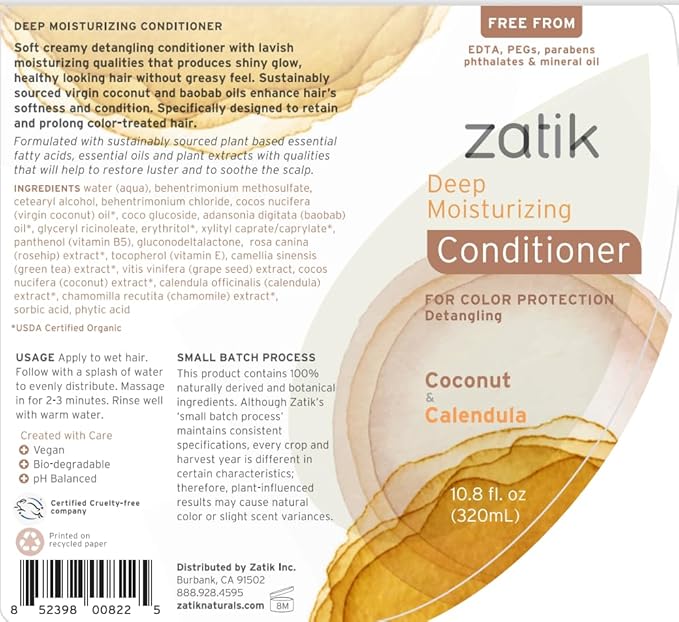 Zatik Naturals - Deep Moisturizing Shampoo + Conditioner Set - Coconut & Calendula, for Colored, Dry damaged Hair, Bio-degradable, pH Balanced, FREE from Parabens, fragrances, 10.8 fl oz (One of Each)