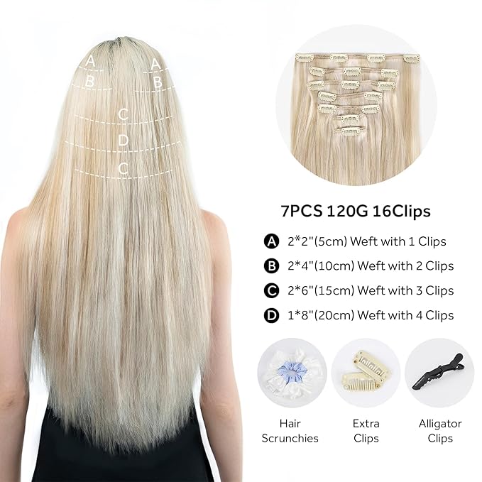 Clip in Hair Extensions Real Human Hair, 100% Remy Hair Extensions Clip Ins, Dark Blonde Highlighted Bleach Blonde Hair Extension for Women, #P18A/613A 24Inch 120G 7PCS
