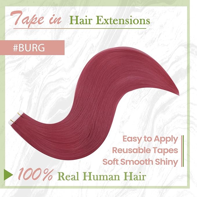 RUNATURE Tape in Hair Extensions Real Human Hair Burgundy Red Human Hair Tape in Extensions Double Sided PU Tape in Extensions for Women Straight Silky Remy Long Hair Extensions20 Inch 25g 10pcs