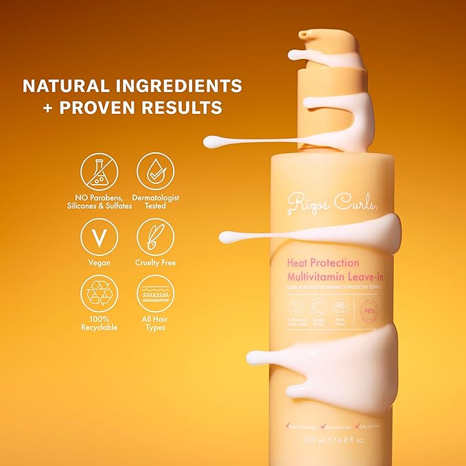 Rizos Curls Multivitamin Leave-In Heat Protection Up to 450°F – Strengthen, Repair & Add Shine to Straight, Wavy, Curly, Coily Hair Types 1a–4c – Sulfate & Paraben Free