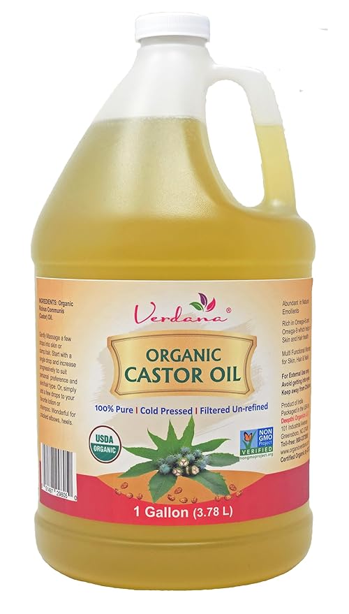 Verdana Organic Castor Oil – 1 Gallon Bulk – USDA Organic, Cold Pressed, Hexane-Free – For Hair Growth, Eyelashes, Skin & Castor Oil Packs