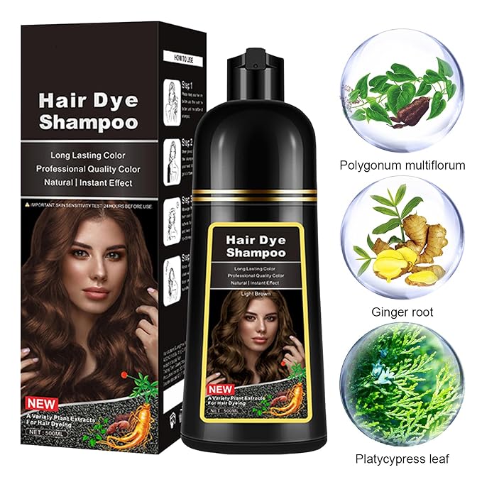Instant Light Brown Hair Dye Shampoo 3 in 1, Herbal Coffee Hair Color Shampoo For Men Women, Long lasting & Easy to Apply Light Brown Hair Dye 17.6 Fl Oz