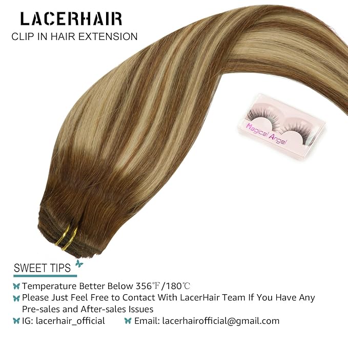 Lacer 22 Inch Highlight Chocolate Brown to Caramel Blonde Remy Clip in Human Hair Extensions Straight Balayage Real Natural Hair Extensions 140g 7pcs