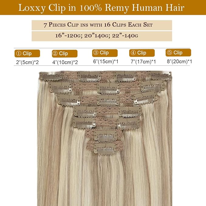 Loxxy Long Clip in Hair Extensions Human Hair Thick Ash Blonde Highlight Natural Silky Light Golden Blonde Extensions Clip ins 22inch 7pcs 140g