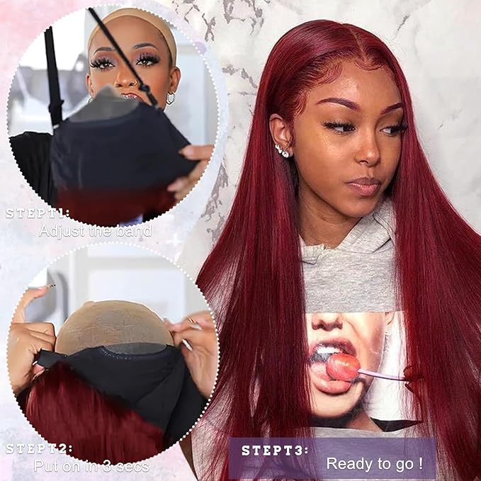 99j Burgundy Lace Front Wigs Human Hair Pre Plucked 9x6 HD Lace Red Wig Human Hair Wear And Go Glueless Wigs 220 Density Red Straight Wig for Women with Baby Hair 26Inch