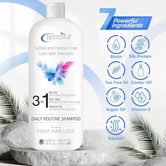 Fights Hair Loss, Roottina Daily Routine Shampoo, Strengthens and Fortifies, Promotes Hair Growth, Hair Thickening Shampoo with DHT Blockers, Coconut and Vanilla Scent, Made in USA (16 fl oz)