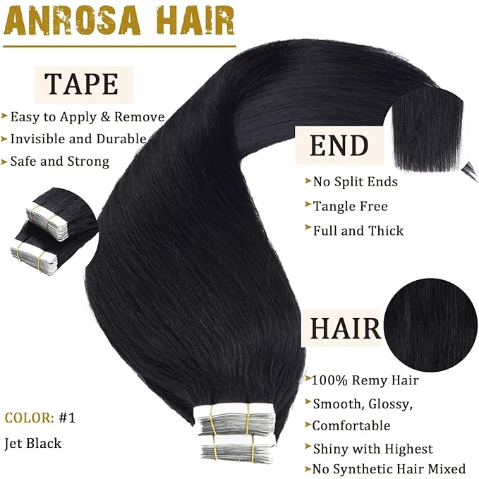 Anrosa Real Human Hair Tape in Extensions Black 20Inch Double Sided Tape for Skin Weft Hair Extensions 50Gram Color Jet Black Seamless Tape in Hair Extensions Straight Human Hair 20Pcs Silky