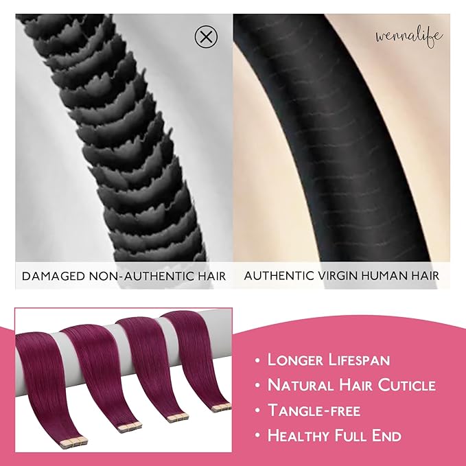 WENNALIFE Tape in Hair Extensions Human Hair Light Burgundy Tape in Extensions, 10pcs 25g 16 inch Remy Invisible Tape Ins Straight Colored Soft Real Human Hair Tape in Extensions Refill Set Extensions