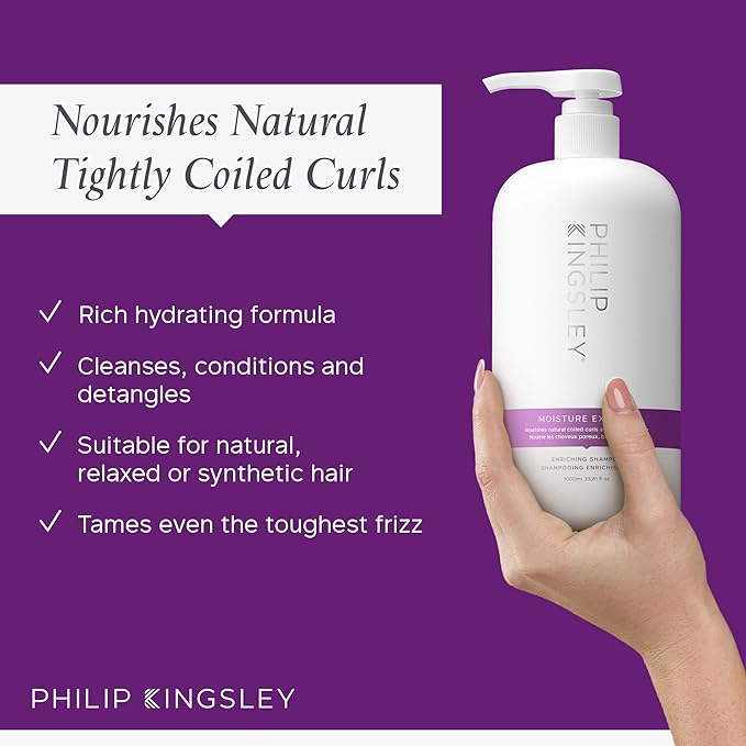PHILIP KINGSLEY Moisture Extreme Enriching Shampoo for Curly Dry Damaged Hair Curls Anti-Frizz Hydrating Intense Hydration Gentle Cleansing Shampoo Detangles Conditions Tames, 33.8 oz