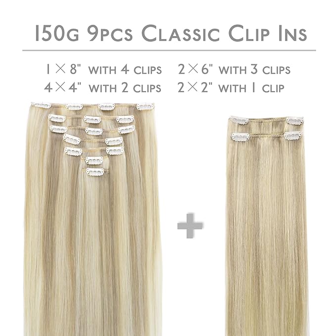 WENNALIFE Hair Extensions Clip In, 9pcs 16inch 150g Ash Blonde Highlighted Platinum Blonde Thicker Clip In Hair Extensions Real Human Hair Remy hair extension Double Weft Clip in Human Hair Extensions