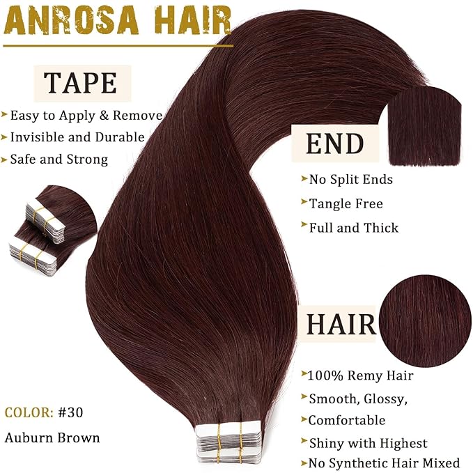Anrosa 20 Inch Tape In Hair Extensions Human Hair Real Remy Human Hair Tape In Premium Quality Silky Hair Natural Hair Extensions Seamless Skin Weft Double Sided 20/Pcs 50g
