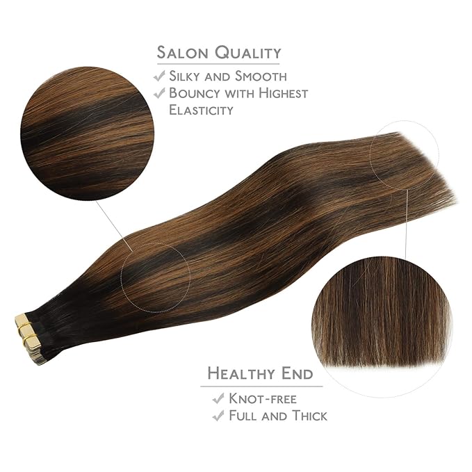 WENNALIFE Tape in Hair Extensions Human Hair, 20pcs 60g 26 inch Balayage Natural Black to Chestnut Brown Remy Hair Extensions Straight Human Hair Tape in Extensions Skin Weft Tape Extensions