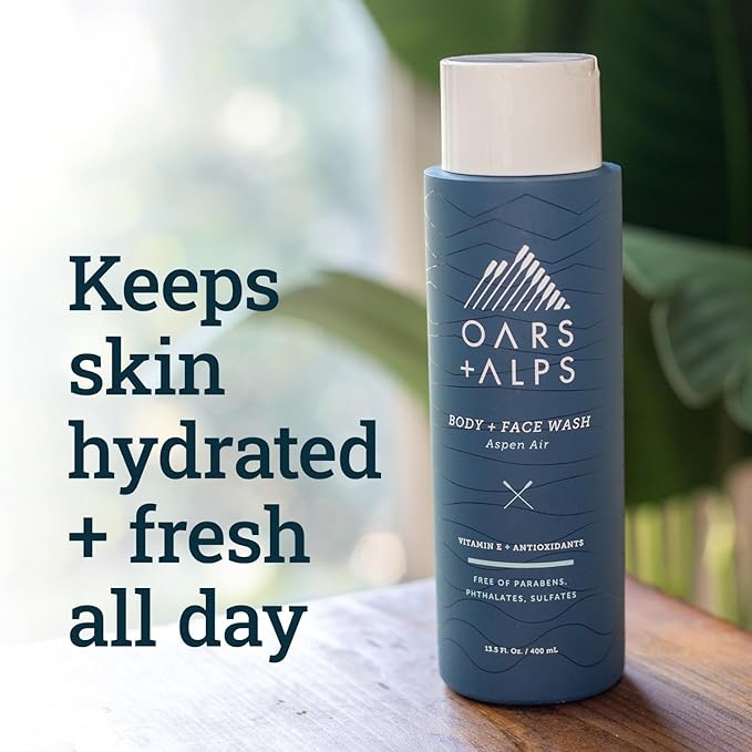 Oars + Alps Mens Moisturizing Body and Face Wash, Skin Care Infused with Vitamin E and Antioxidants, Sulfate Free, Aspen Air, 1 Pack