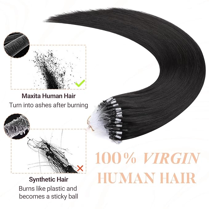 MAXITA Microlink Hair Extensions Human Hair Natural Black Micro Bead Hair Extensions Virgin Human Hair, 50g/50 Strands/Pack, 18 In