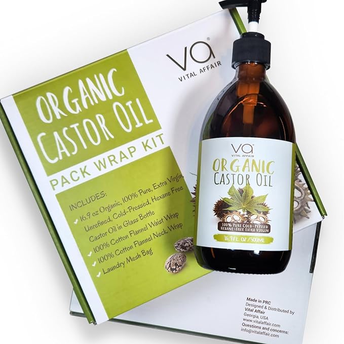 Pure Castor Oil Organic Cold-Pressed Unrefined Glass Bottle with 100% Cotton Flannel Wrap – Waist & Neck Castor Oil Packs Hexane-Free.