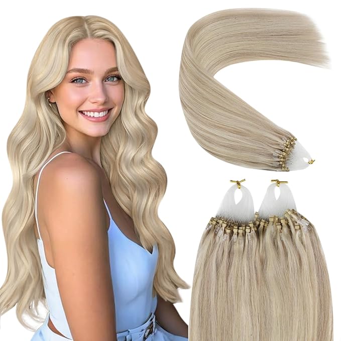 YoungSee Micro Link Hair Extensions Human Hair Blonde Micro Bead Hair Extensions Real Human Hair Blonde Highlights Ash Blonde Micro Ring Hair Extensions Silky Straight 18In Bead Hair Extension 50g 50s