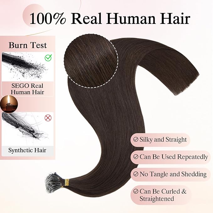 Nano Bead Human Hair Extensions nano rings hair extensions Nano-bond Hair Extensions Nano Tip Extensions Silky Straight Natural 50g/50 Stands 22" Dark Brown