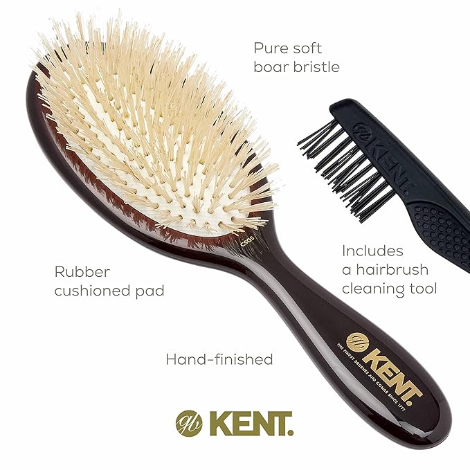 Kent CSGS Classic Shine Small Oval Cushion Straightening Brush and Hair Detangler Natural White Boar Bristle Hair Brush, Shine Hair Brush and Scalp Scrubber for Mid-Length Fine or Thinning Hair