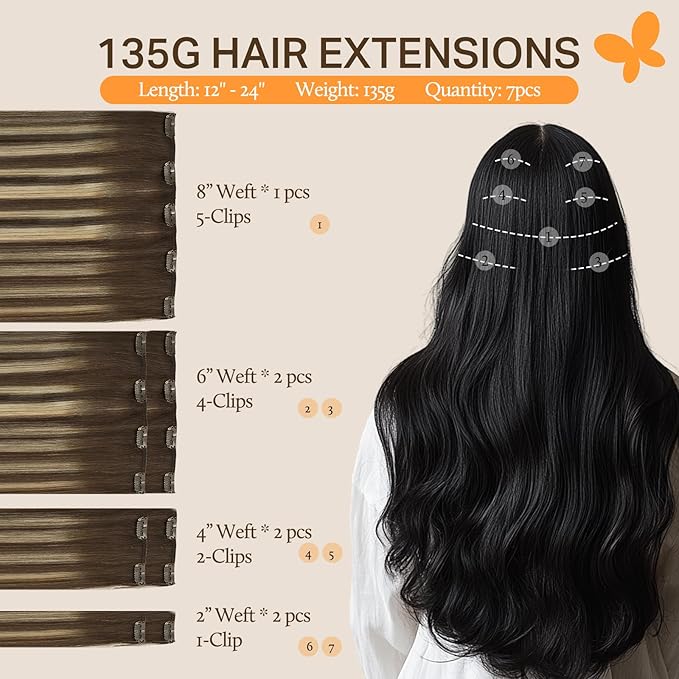 DOORES Clip in Hair Extensions, Balayage Chocolate Brown to Honey Blonde 135g 7pcs 16 Inch, Real Human Hair Extensions Clip ins Straight Thick Weft