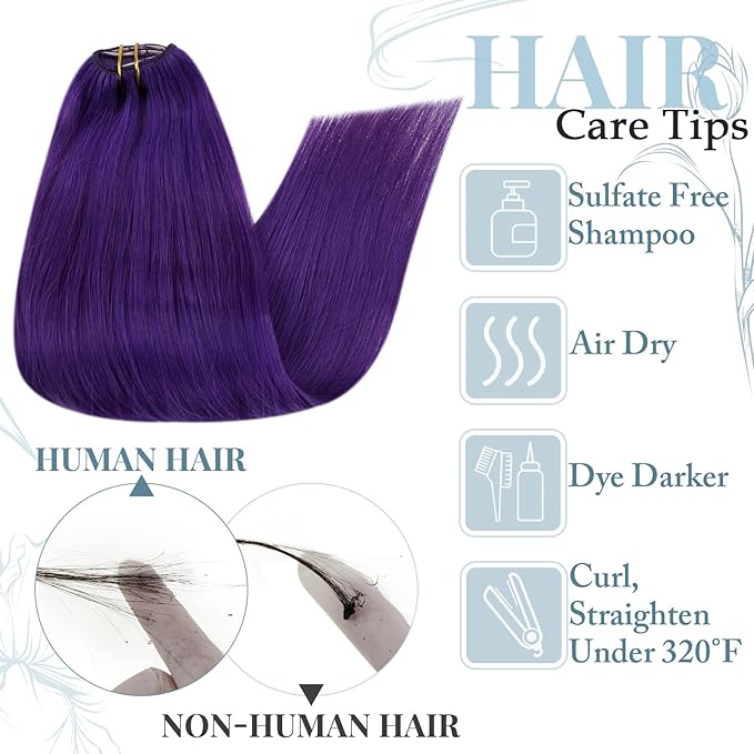 RUNATURE Purple Clip in Hair Extensions Real Human Hair, Straight Clip in Human Hair Extensions, Full Head, Colored Layered Natural Hair, Soft Tangle-free Hair, 16 Inch 70g/5pcs