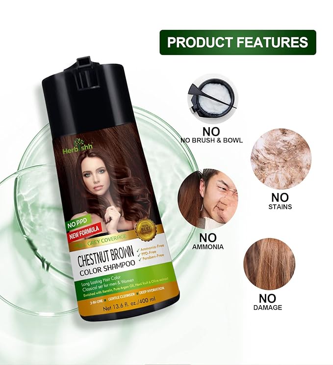 Herbishh Color Shampoo for Gray Hair - Enriched Formula with Conditioner - Long Lasting & DIY (CHESTNUT BROWN)