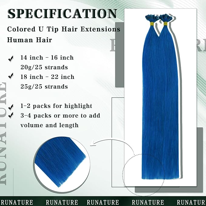 RUNATURE U Tip Hair Extensions Human Hair Colored Blue 20 Inch Long Pre Bonded Utips Real Hair Extensions for Kids Party Blue Highlight Keratin U Tips Remy Hair Extensions Invisible 25g 25 Strands