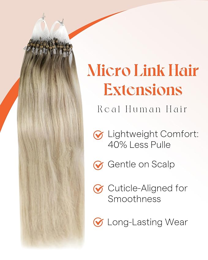 Sunny Hair Micro Link Hair Extensions Human Hair Soft and Silky Micro Hair Extensions Real Human Hair Balayage Ash Blonde Mix Platinum Blonde Micro Loop Hair Extensions 14inch 50g