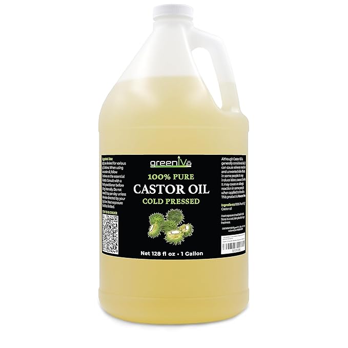 GreenIVe Castor Oil Organically Grown 100% Pure 128oz (1 Gallon) Bottle Cold Pressed, Hexane Free, Eyelash and Eybrow Growth Serum, Skin Moisturizer Detox and Wraps