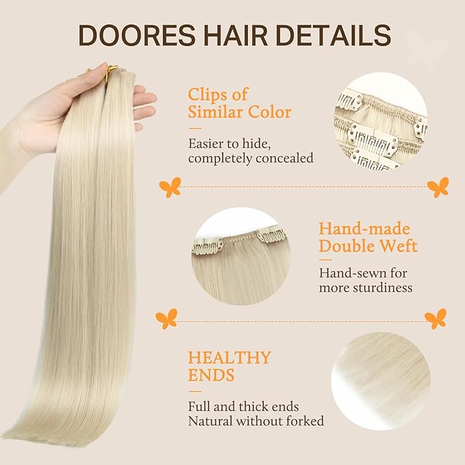 DOORES Human Hair Extensions Platinum Blonde 150g 9pcs 16 Inch Remy Clip in Hair Extensions for Women - Real Hair Extensions Natural Thick Hair